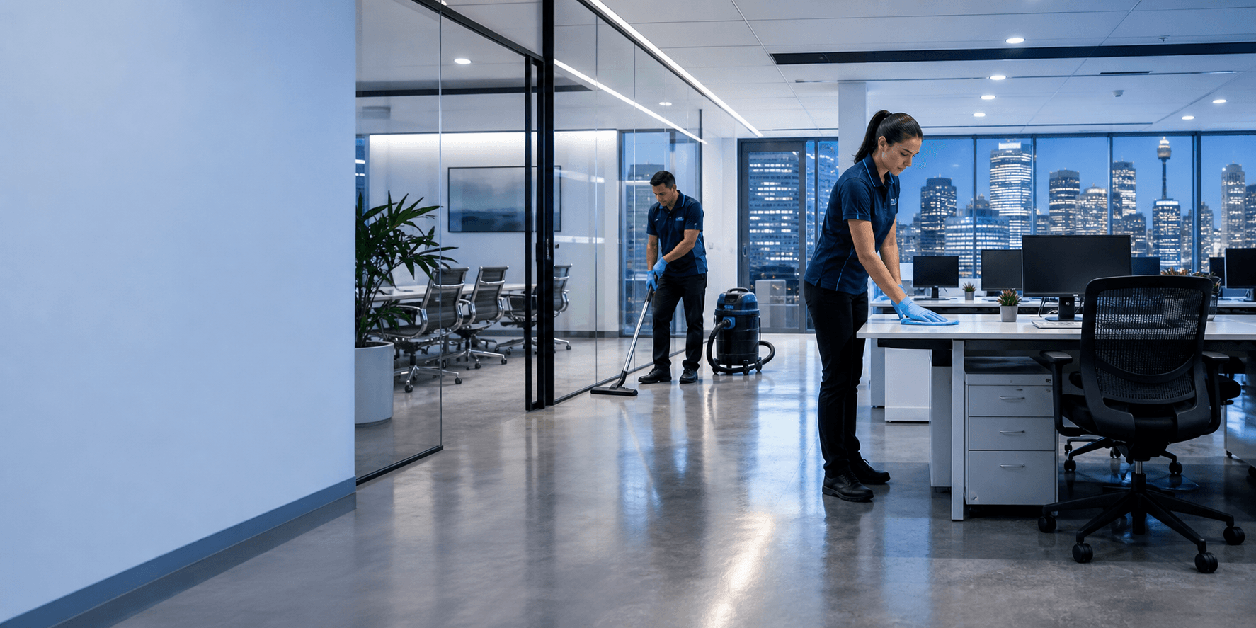 Professional cleaners servicing a modern Sydney CBD office